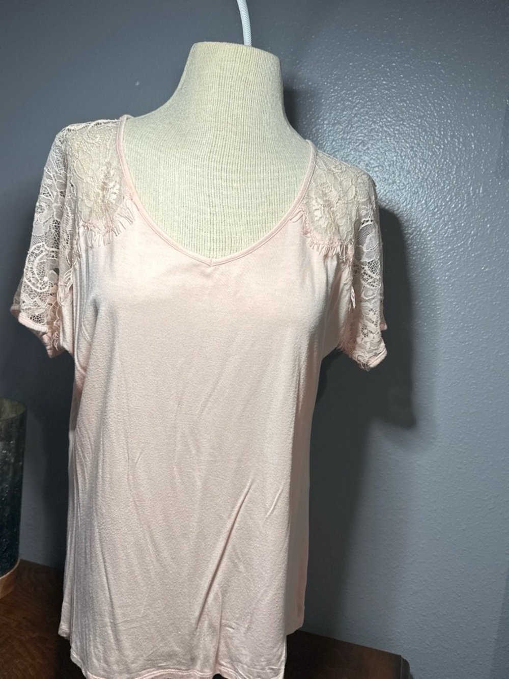 VENUS Blush Lace Trim V-Neck Top